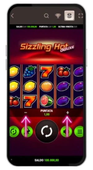 Regola la tua puntata nella slot Sizzling Hot Deluxe usando i tasti più e meno.